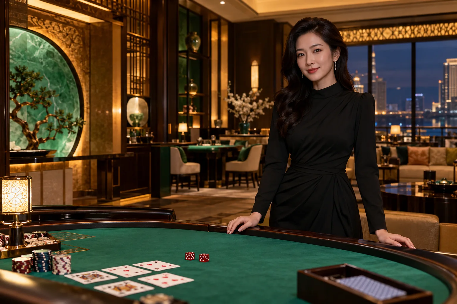 真人賭場遊戲場景:荷官、牌桌與骰子示意。